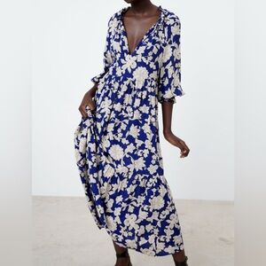 Zara Blue and White Floral Long Sleeve Maxi Dress Size Small